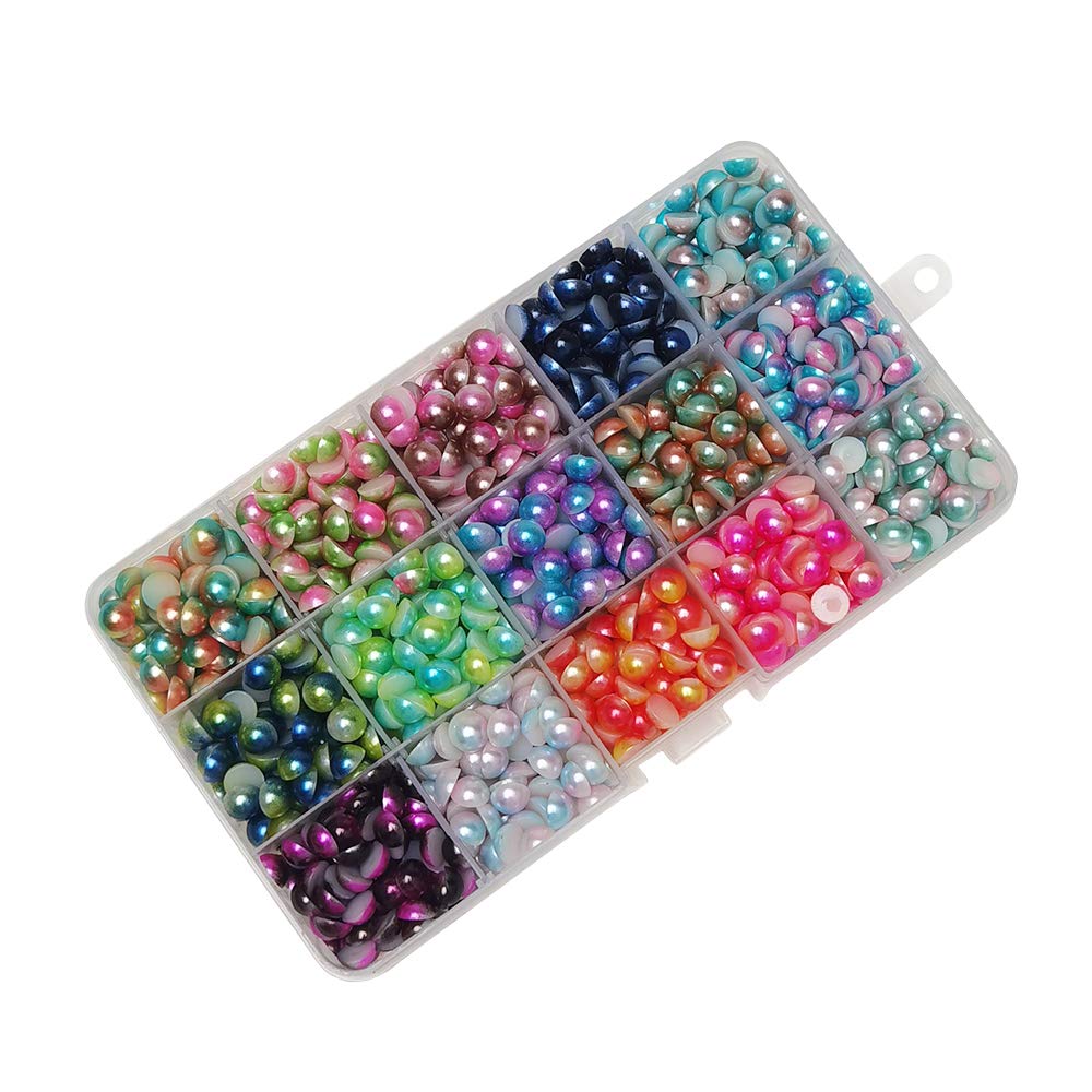 Chenkou Craft Assorted 15 Colors 900pcs Gradient Color Half Pearl Bead Flat Back Gem Scrapbook Craft DIY Beads + Plastic Box (Mix, 8mm)