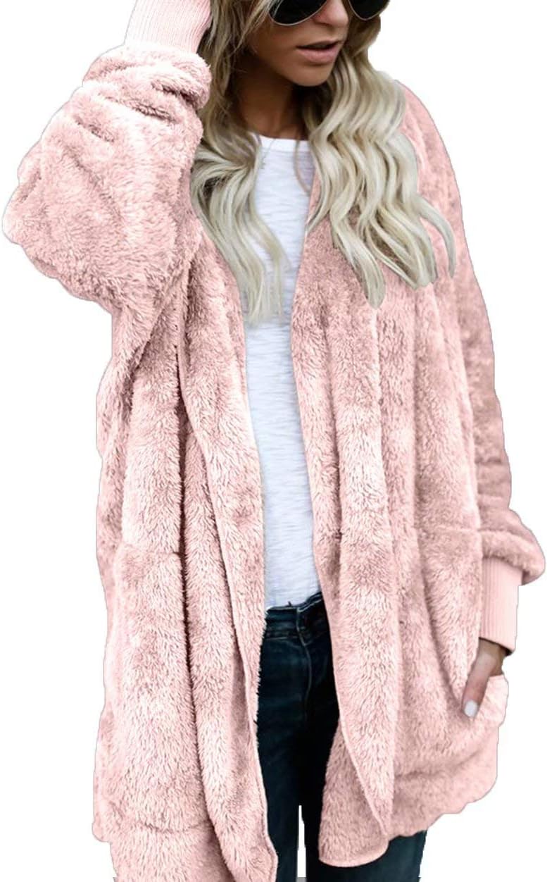 Women's Jacket Open Front Hooded Draped Pockets Oversized Plush Cardigan Pink L