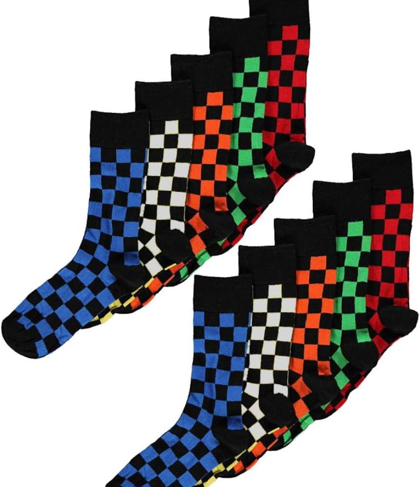Mens/Boys 10 Pack Cotton Rich Designer Check Socks Retro Mod Block Design