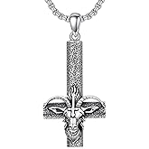 MEIDERBO Satanic Necklace 925 Sterling Silver Baphomet Goat Head Upside Down Cross Pendant Satan Pendant Inverted Cross Satanic Jewelry Gifts for Men Women