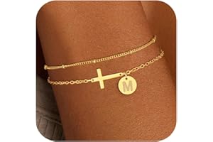 Decholly Gold Cross Initial Bracelets for Women Girls, 18K Gold Plated Cross Bracelet Layered Disc Initial Bracelet Gold Bracelets for Women Girls Christian Baptism Religious Jewelry