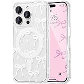 UEEBAI Magnetic for iPhone 13 Pro Max Case, Bow Case Compatible with MagSafe, Wireless Slim Clear Ribbon Aesthetic Phone Cover Anti-Yellowing Shockproof Protective Cover for Women Girl - White