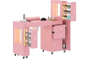 KIKIHOUSE Manicure Table for Nail Tech w/ LED Light Display Cabinet, Nail Desk with Lockable Wheels, Dust Collector, Drawers, Wrist Rest, Acetone-Resistant, for Beauty Salon, Spa & Home Workstation (Pink)