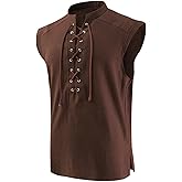 SYQBR Mens Medieval Pirate Lace-up Sleeveless Shirt, Renaissance Viking Stand Collar Top, Steampunk Gothic Costume Tunic