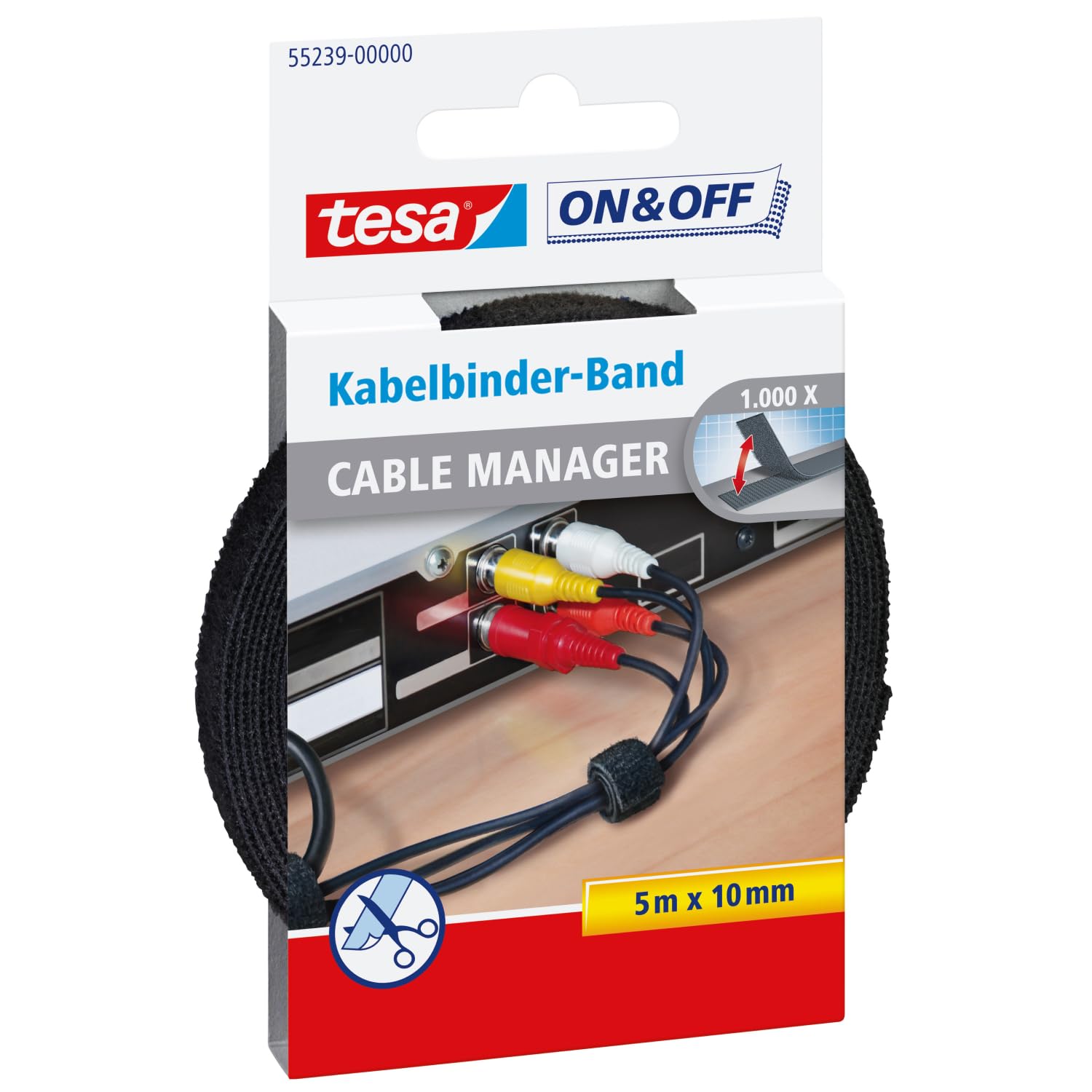 tesa 55239 On/Off Hook and Loop Cable Manager, 10mm x 5m - Black