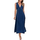 yoeasy Women's Summer Denim Dress Sleeveless V Neck High Waist Trendy Casual A Line Jean Maxi Dress