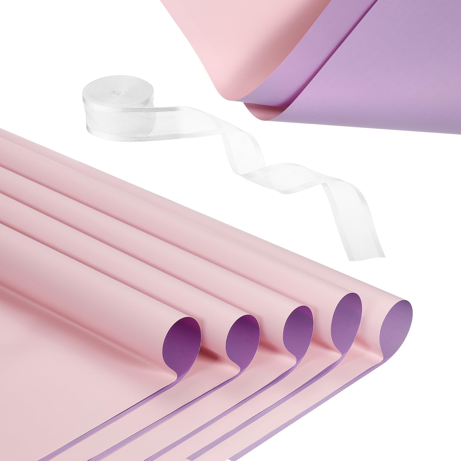 PATIKIL 20 Sheets Flower Wrapping Paper, Waterproof Flower Paper Wraps with Ribbon Floral Bouquet Supplies for DIY Crafts Packaging Bouquet, 22.8x22.8 Inch, Light Purple/Pale Pink