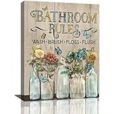 Shuweienphant Farmhouse Bathroom Wall Art Flower Butterfly Floral Pictures Wall Decor Bathroom Rules Mason Jar Canvas Painting Print Artwork Modern Home Decor Framed for Bathroom 12''X16''