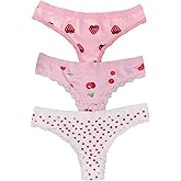 WDIRARA Women's 3 Pack Cute Graphic Panties Set Lace Trim Low Rise Comfy Thong Underwear