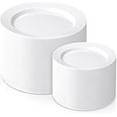 FLOWERCAT 200PCS White Plastic Plates Disposable Plates for Party - Heavy Duty Plastic Plates - 100 10" Dinner Plates and 100 7" Salad Plates for Wedding & New Year Parties and Events