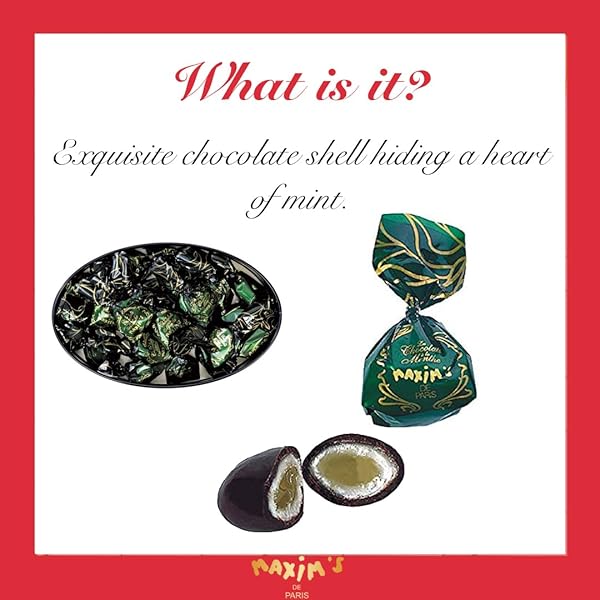 MAXIM’S DE PARIS – CHOCOLATE COVERED MINT CANDIES IN A LUXURIOUS OVAL TIN BOX BLACK AND GOLD, BELLE EPOQUE DESIGN, 175 G