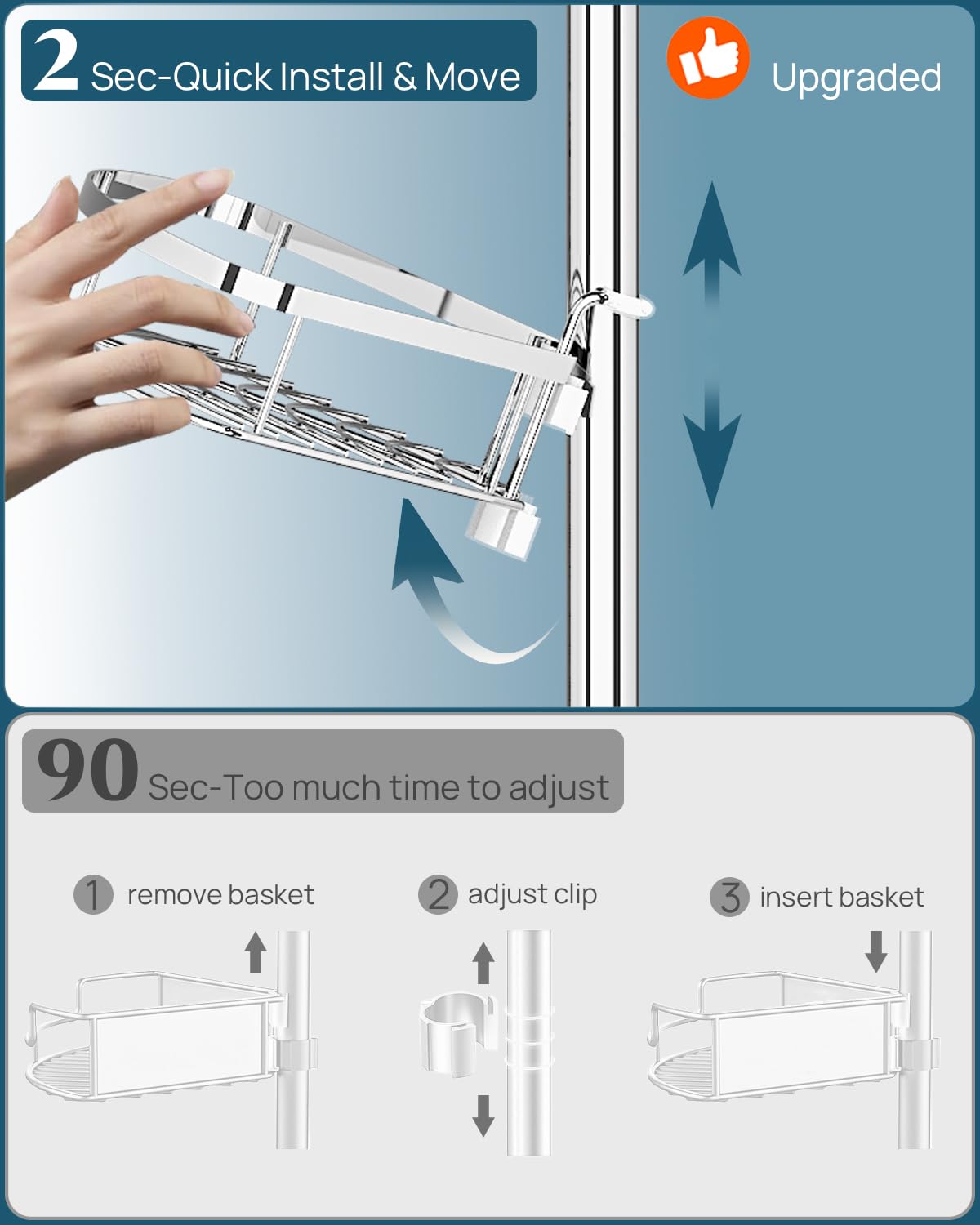 SEIRIONE Organizador de esquina de ducha inoxidable para baño, 4 estantes ajustables con poste de tensión, para bañera, champú, accesorios de almacenamiento, 34 a 116 pulgadas de altura