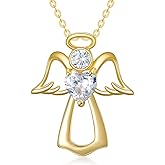 KECHO 14k/18k Yellow Gold Guardian Angel Necklace Heart Crystal Angel Wings Pendant Necklace Gift for Women Girls Daughter Wife Girlfriend