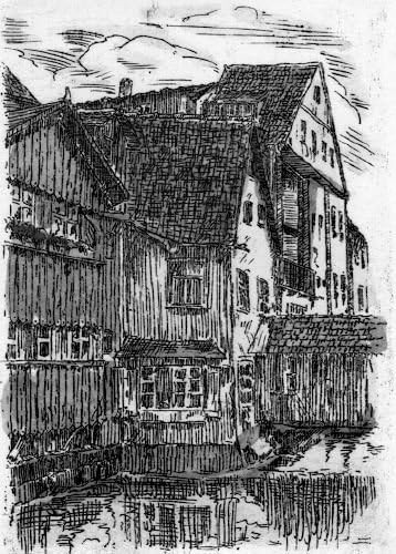 Single-colored hand-crafted etching Kulmbach, Am Pörbitscher Weg (Germany) by Beloch as plain page, graphics, art design, art print
