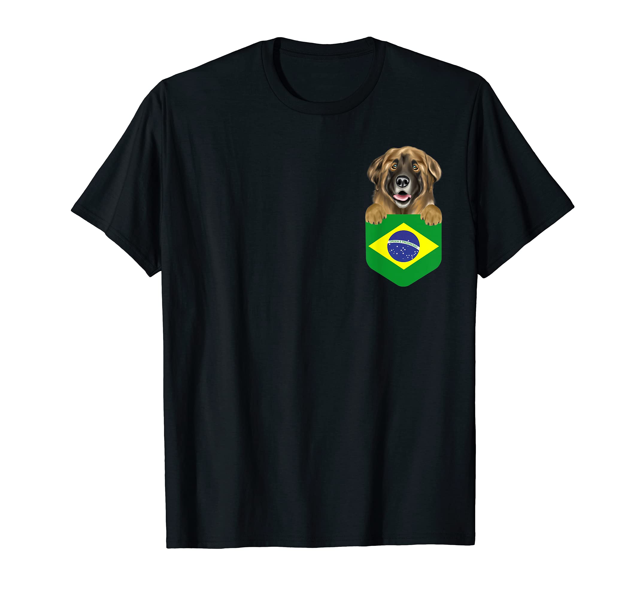 Brazil Flag Leonberger Dog In Pocket T-Shirt