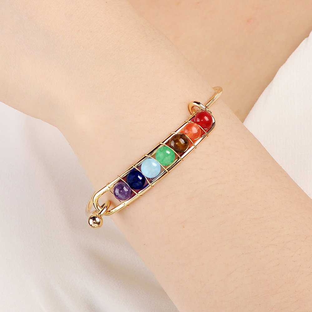Coco Fashion 7 Chakra Bangle for women with Natural Gemstone for Health, Silvery and Golden Surface (Gold)