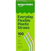 Amazon Basics Disposable Striped Plastic Flex Straws, Assorted Colors, 100 Count, Large Pack, Packaging May Vary