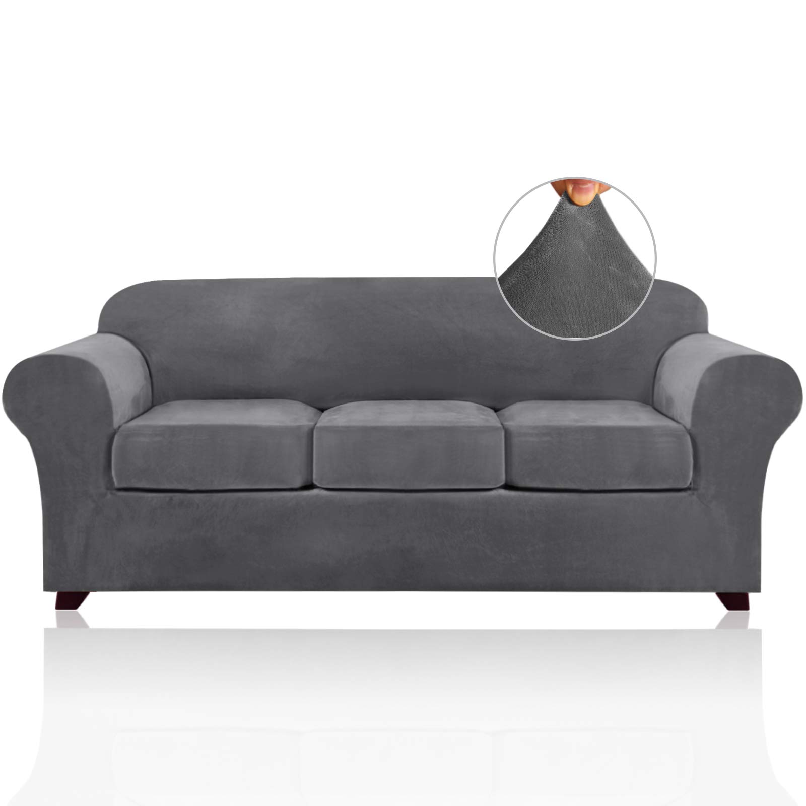 Photo 1 of PrinceDeco Velvet Couch Covers for Sofa Soft 4 Pieces Couch Covers for 3 Cushion Couch Sofa Pet Friendly Furniture Protector with Non Slip Elastic Bottom Width Up to 90 Inch (Large, Grey)