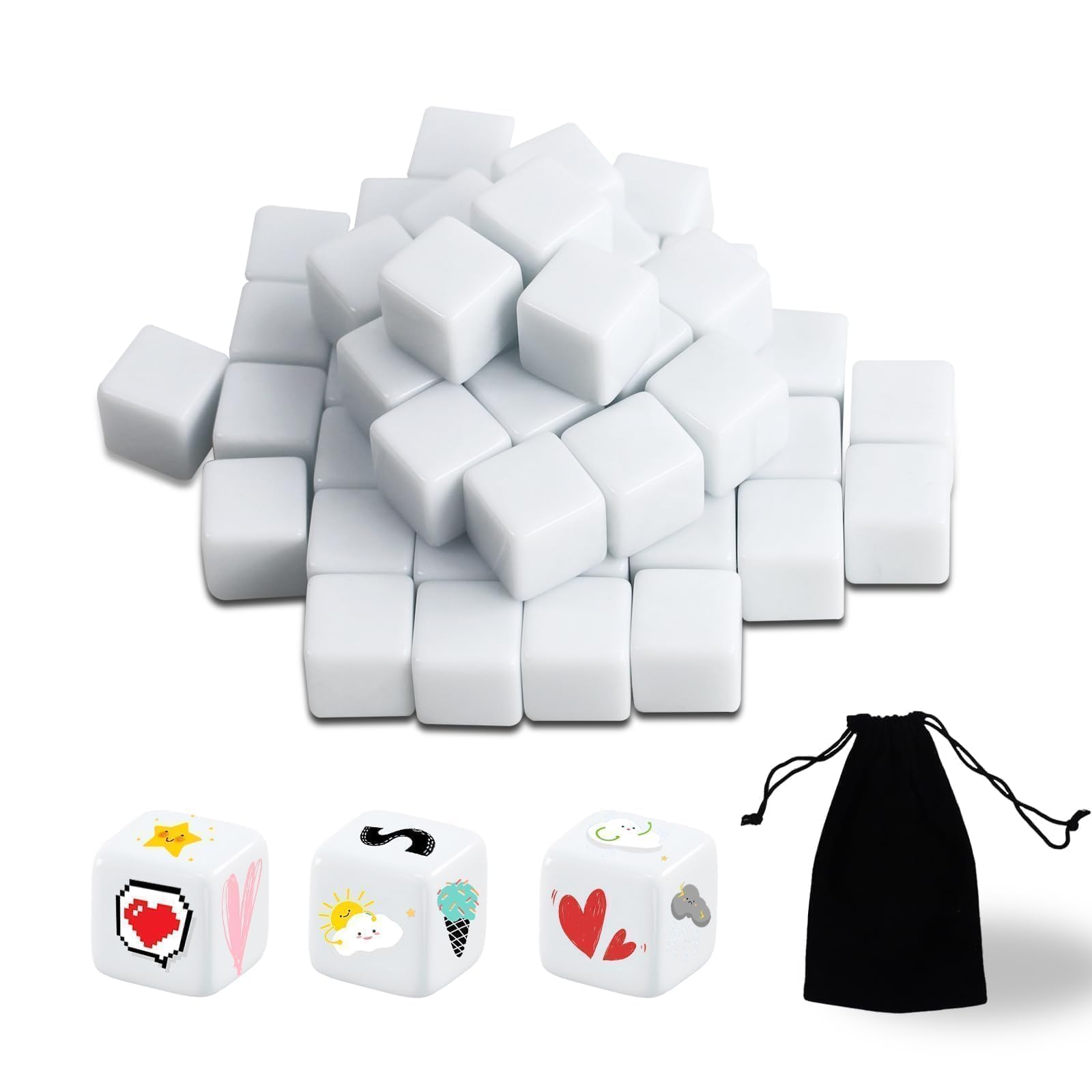 50 Pieces 16 mm White Rounded Empty Six, Blank Dice 6-Sided Play Cube Set Large for Dice Lessons, Learning, Crafts, DIY, Numbers, Caused Sesources Game