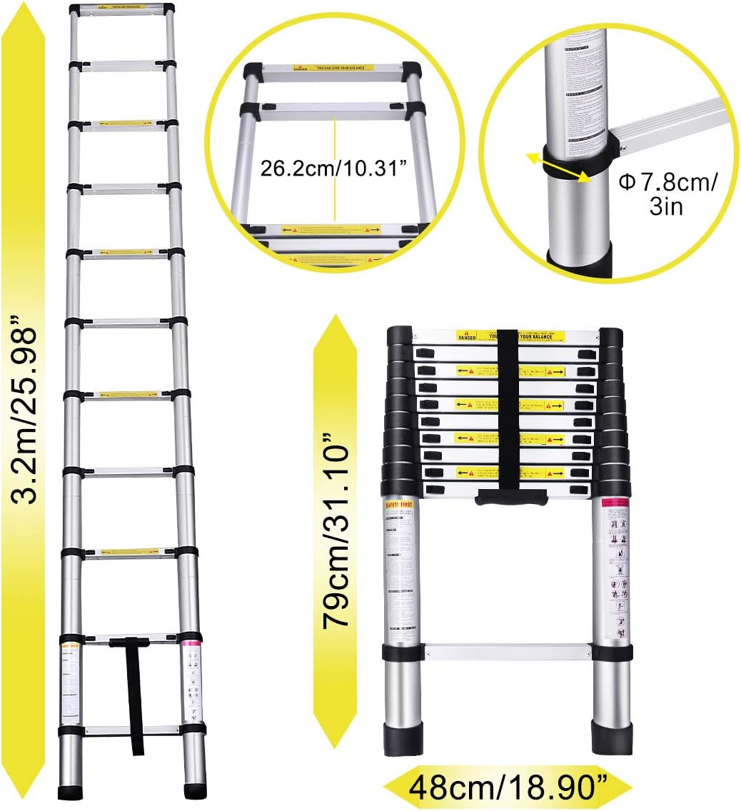 Gimify Telescoping Telescopic Extension Ladder 10.5 FT Aluminum Alloy Extendable Lightweight Ladder Steps Safety for Roofing Business, Household Use, RV Outdoor Work, 330 lbs Capacity - - 