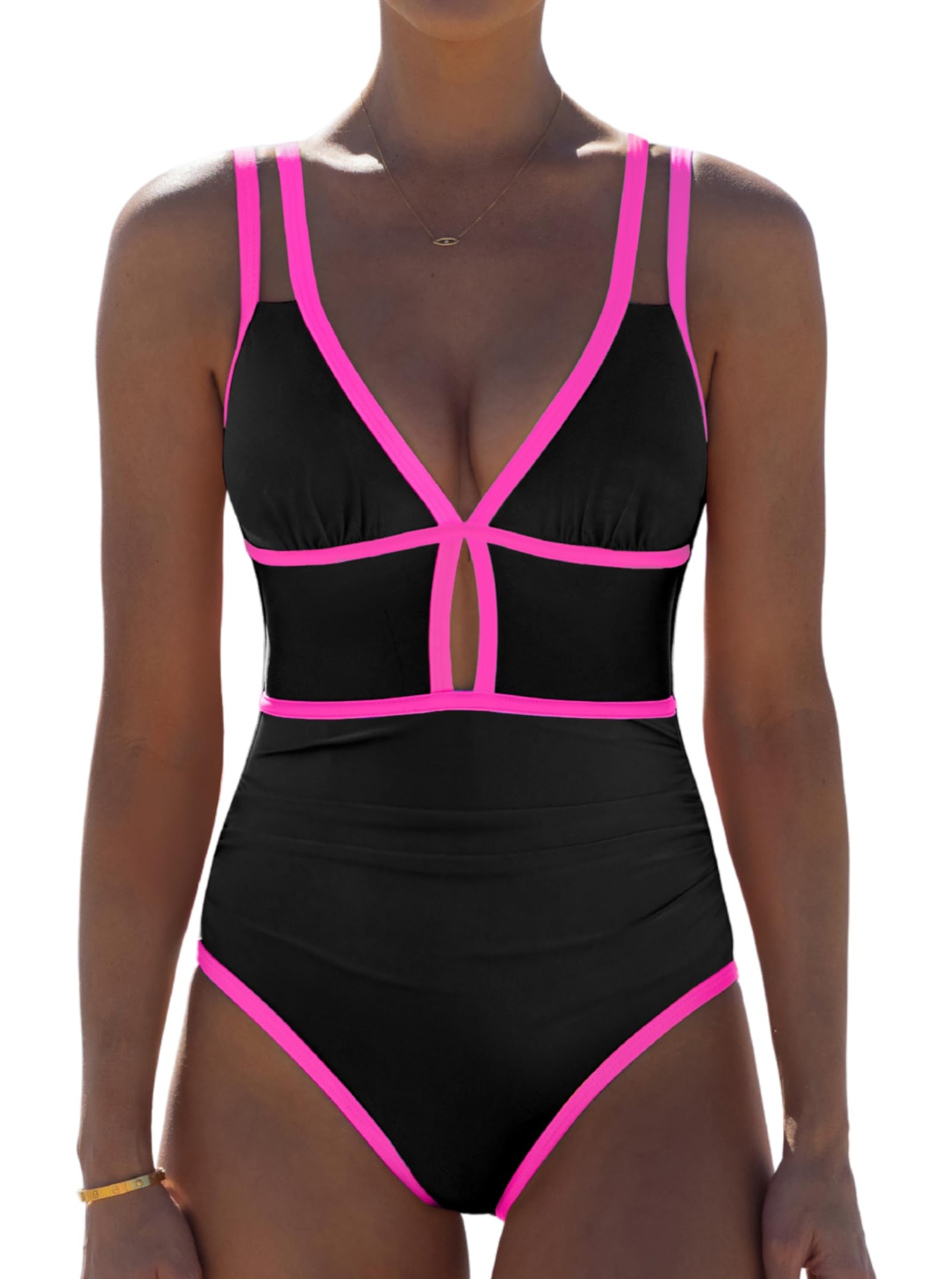 Photo 1 of popvil Women One Piece Swimsuit 2026 Tummy Control Sexy Cutout Neon Color Block Bathing Suit Slimming Adjustable Swimwear, Black Pink, X-Large