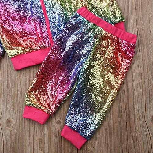 Baby Boy Girls Sequin Outfits Long Sleeve Hooded Zip Sweatshirt Top Pants Set, Toddler Girl Fall Clothes 1-6Y (Rainbow Hooded Top Pants, 2-3 Years) - Thumbnail 3