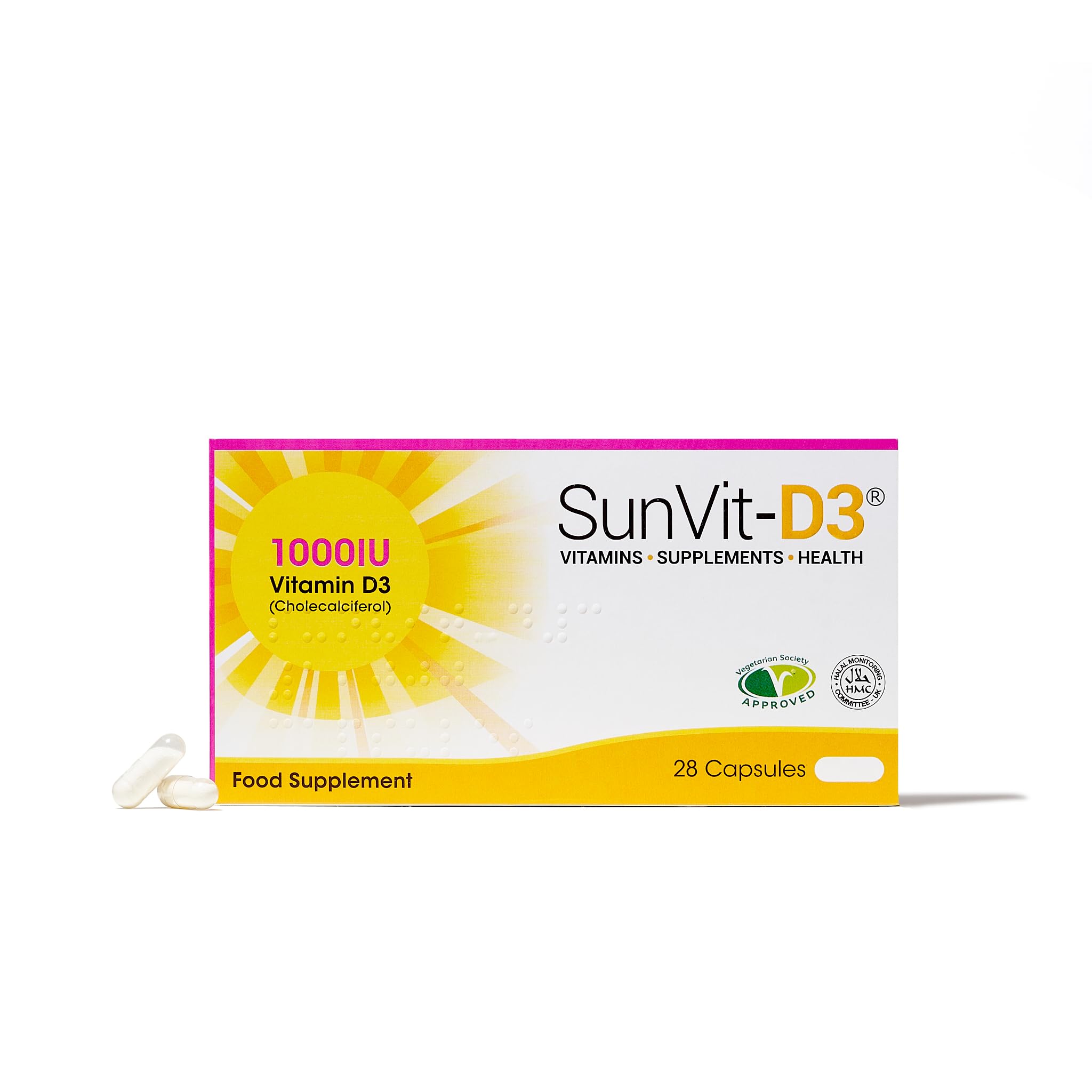 Sunvit-D3 Vitamin D 1000iu - 28 Vitamin D Capsules | Vegan Vitamin D3 Capsules | Halal Vitamin d Supplement | Vitamin D3 Capsules Support The Maintenance of Bone, Teeth & Muscle Function