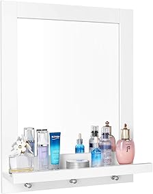Homfa Espejo Baño Espejo de Pared con 1 Balda y 3 Ganchos Espejo para Baño Dormitorio Blanco 47x13.5x60cm 