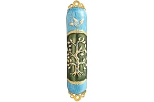 Hand Painted Enamel Mezuzah Embellished with a Tree of Life Design with Gold Accents and Crystals by Matashi, (MTMZ221)