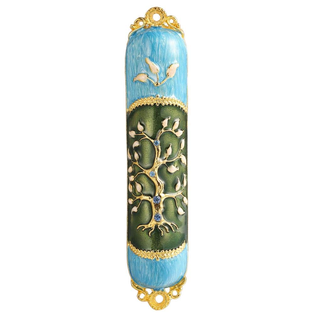 Hand Painted Enamel Mezuzah Embellished with a Tree of Life Design with Gold Accents and Crystals by Matashi
