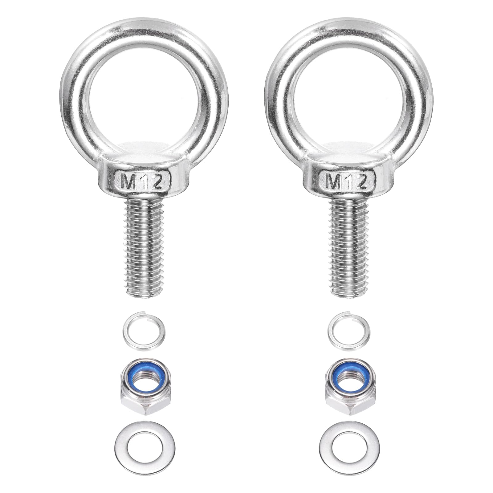 PATIKIL M12 x 30mm Lifting Shoulder Eye Bolt, 2Pcs 304 Stainless Steel Lifting Ring Threaded Eyebolt with Nuts Washers for Hanging Hammocks Articles