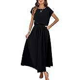 HangNiFang Summer Skirt Sets Women 2 Piece Outfits Cap Sleeve Top Elastic Waist Maxi Dress Sets with Pockets
