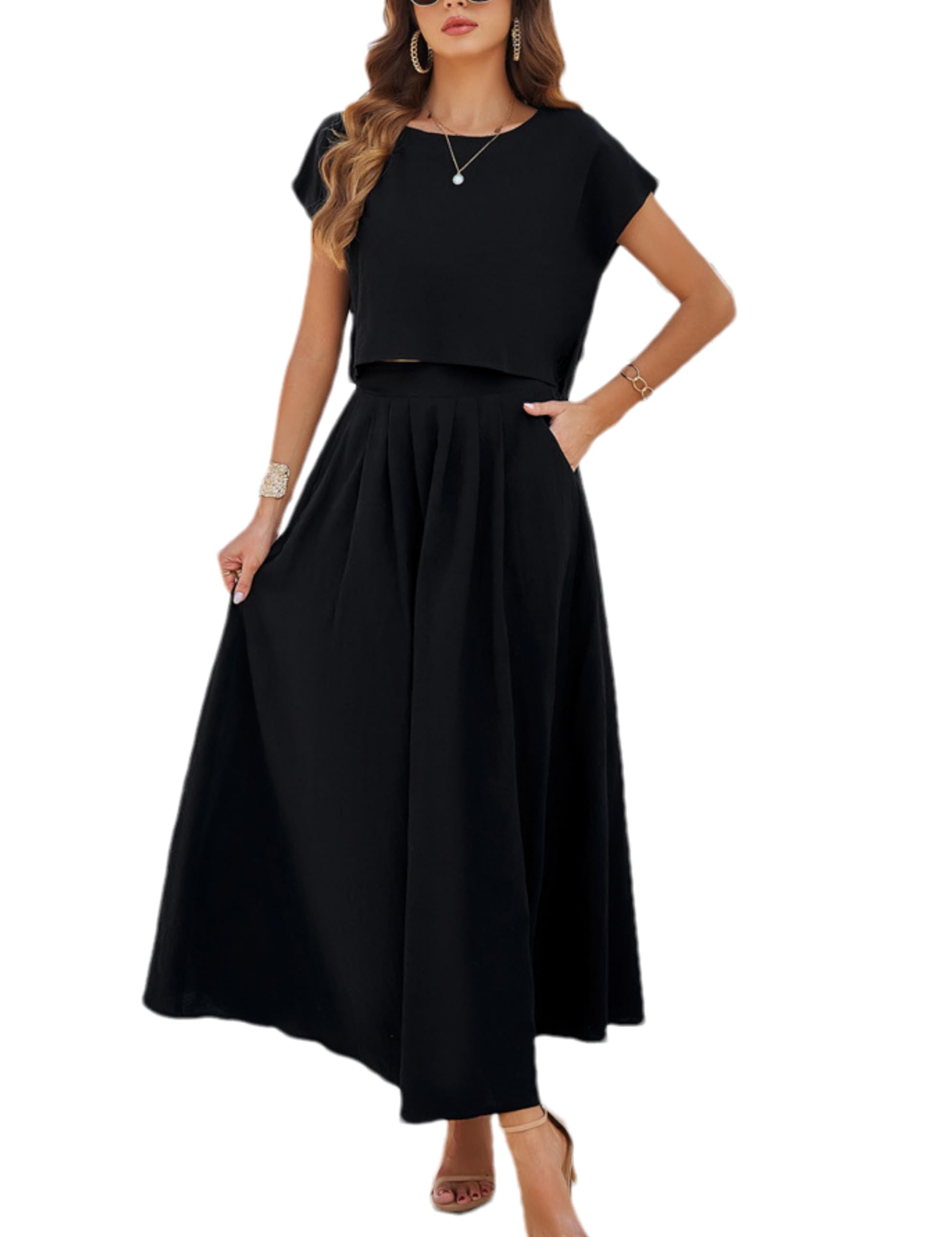 Photo 1 of HangNiFang Summer Women Cap Sleeve Top Elastic Waist Dress with Pockets(1218-BlackX1-M)