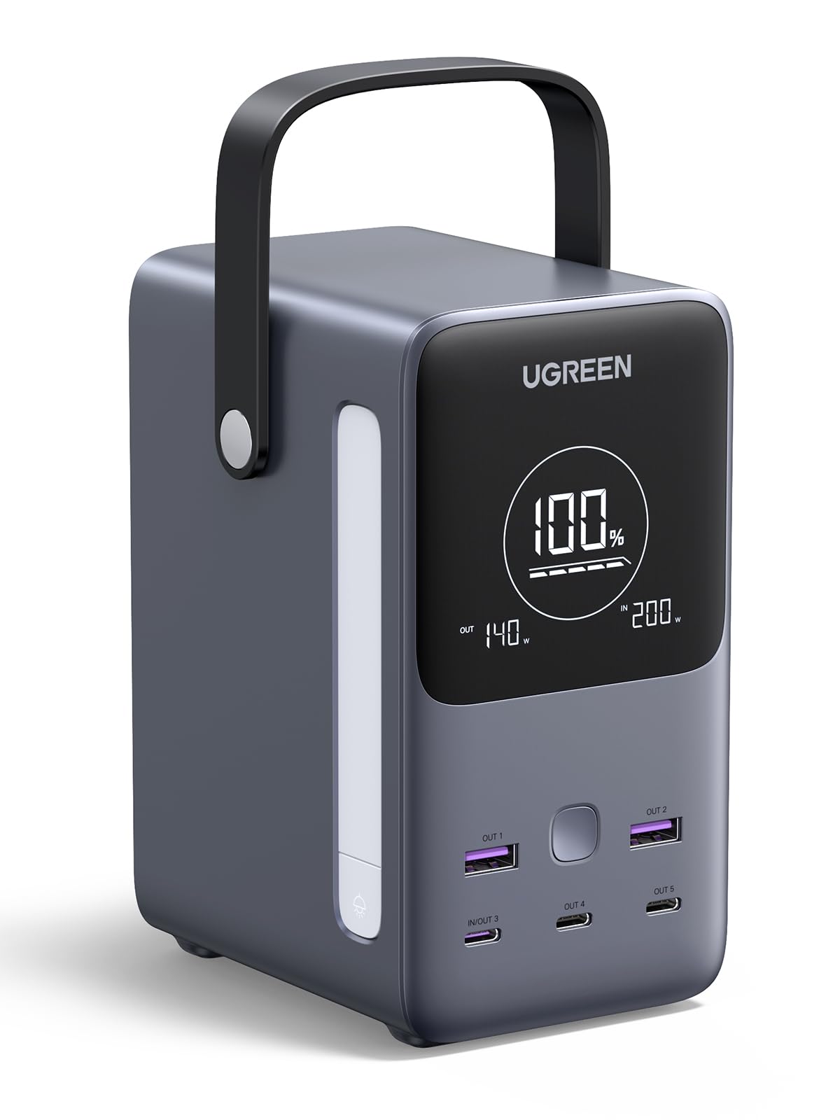 UGREEN Nexode モバイルバッテリー (48000mAh・300W) 5ポート 3 USB-C＋2 USB-A 入出力PD3.1 140W急速充電対応 ハンドル付/大型デジタル表示/LEDライト/240W充電ケーブル付 縦置型コンパクト 独自NTC温調技術 PSE適合 MacBookPro14"/16"/PD対応WindowsPC/iPad/iPhone17シリーズなど PB770商品画像