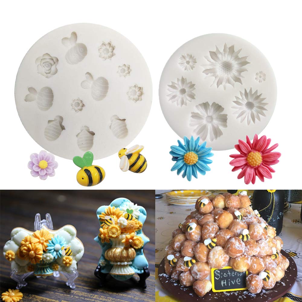 Mulukaya Bumble Bee and Daisy Flower Cake Fondant Moulds Fondant Cupcake Making Tools for Chocolate Candy Gum Paste Polymer Clay