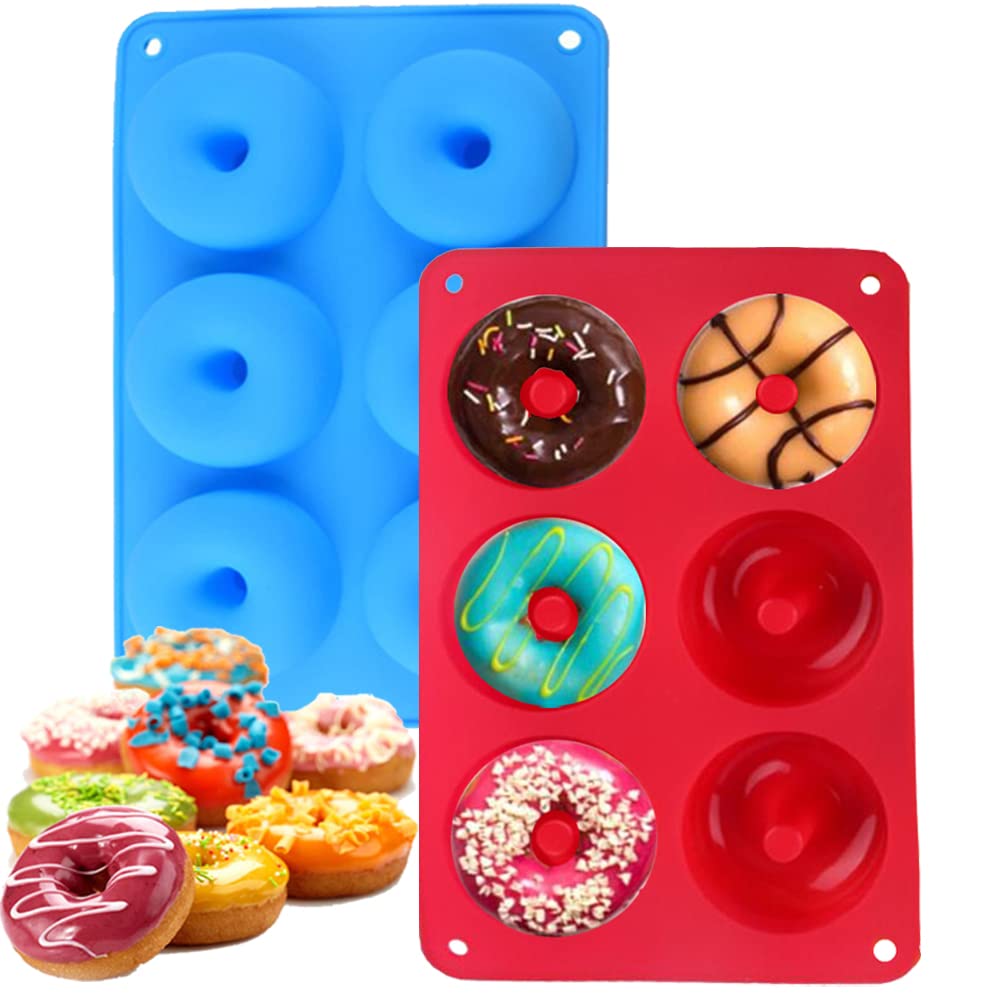 KANROO 2 PCS Silicone Donut Molds 6 Cavity Non-Stick Safe Silicone Donut Baking Pan Silicon Doughnut Mould for Cake Biscuit Bagels Muffins, Blue & Red