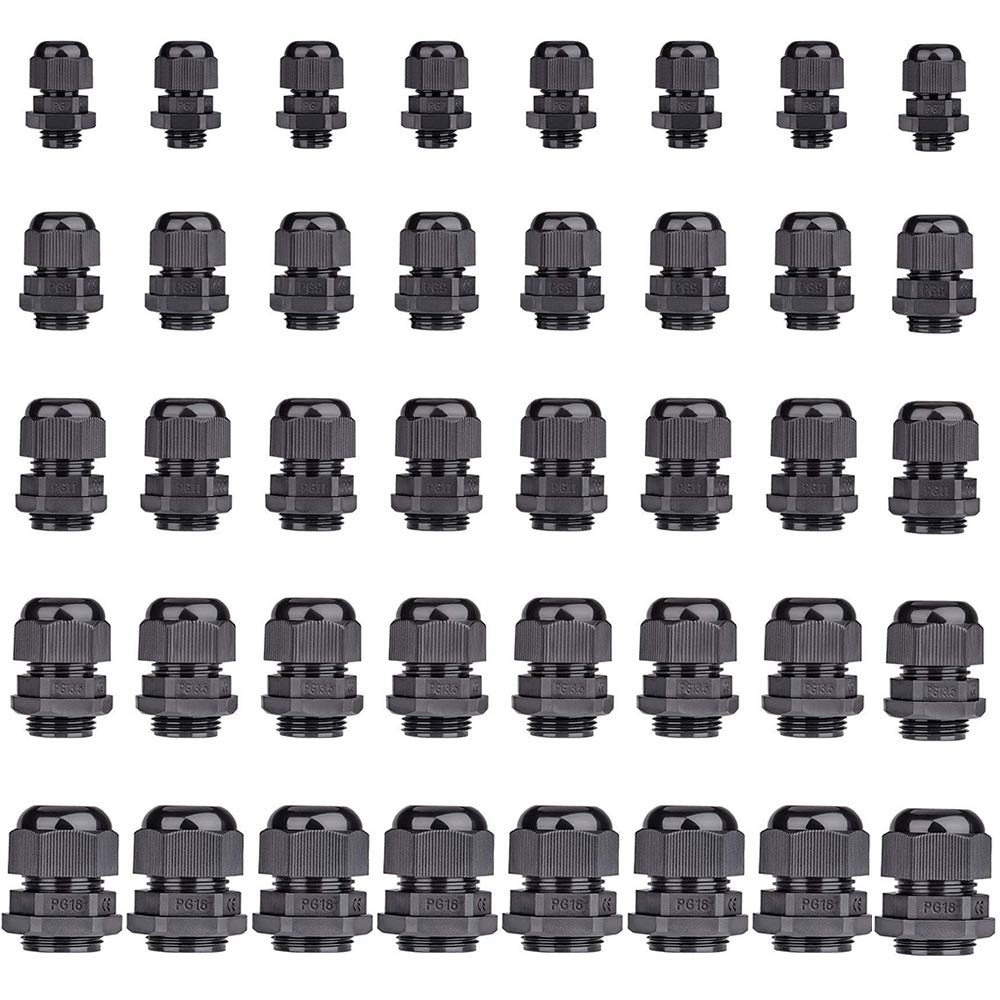 40 pcs Cable Gland Nylon Plastic Waterproof Adjustable, Cable Glands Joints Wire Protectors -Pg7, Pg9, Pg11, Pg13.5, Pg16 (8 cable glands per size)by Yesallwas (Black)