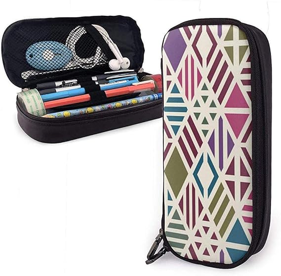 Leather Pencil Case Geometric Seamless with Zipper,Microfiber Pu