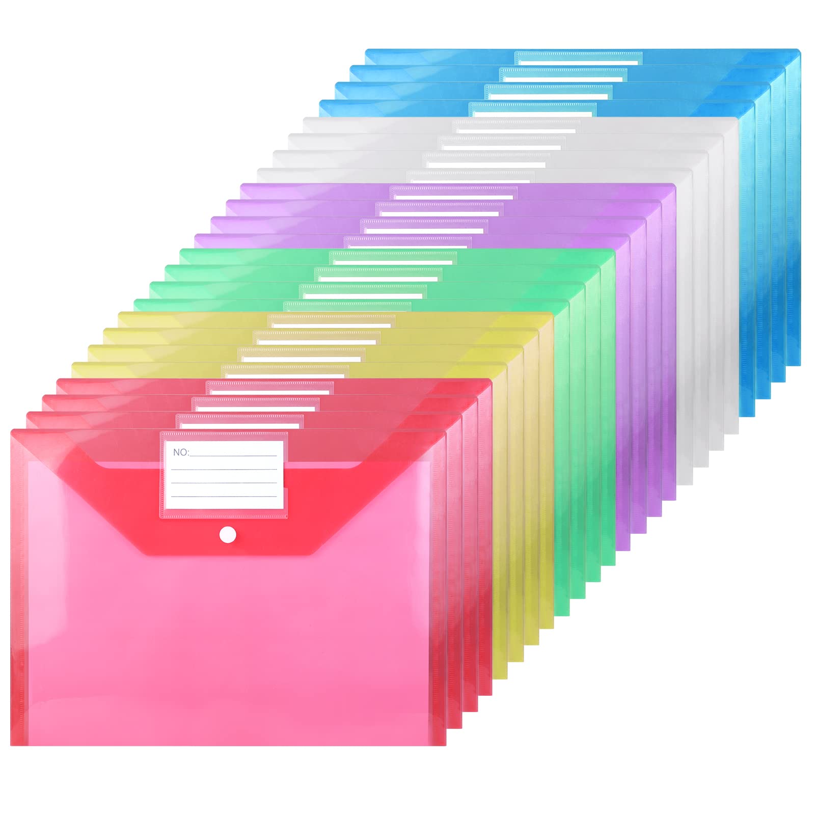 24PCS A4 Plastic Wallets Plastic Folders Waterproof Document Folders Popper Wallets with Snap Button and Label