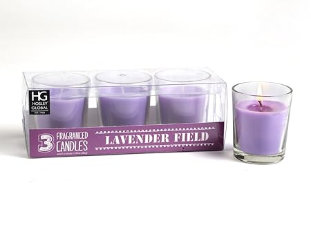 Set of 3 Hosley Highly Fragranced Lavender Fields Filled Glass Candles, 1.6 Oz Wax Each
