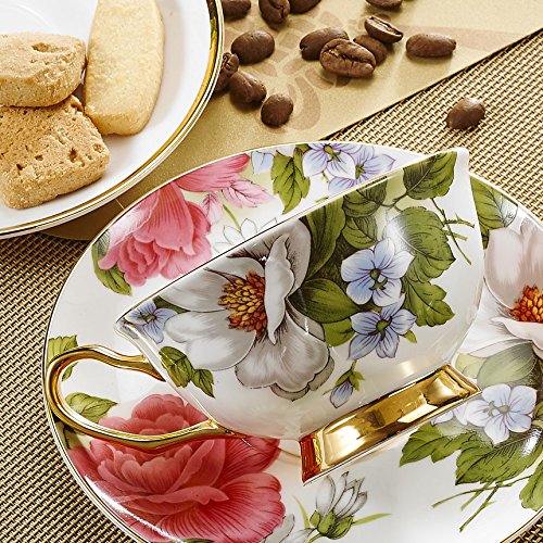 Panbado 3 Piece Bone China Tea Cup and Saucer Set with Spoon Porcelain Gold Rimmed Coffee Teacup, Service for 1, 200 ml/6.8 oz, Pink Rose, Cup & Saucer