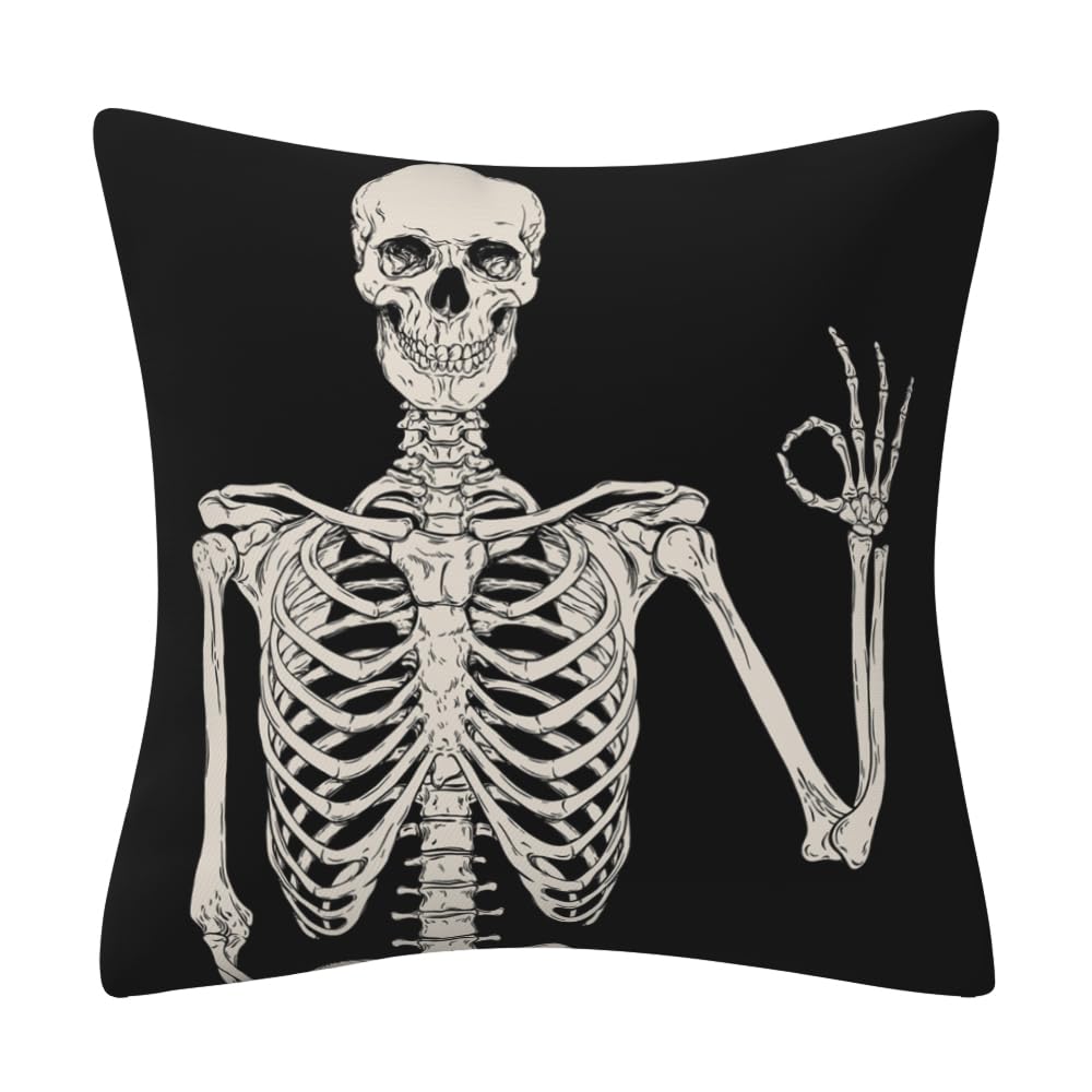 DILOXNSU Skull Cushion Covers 18 x 18 inch Skeleton OK Posing Gothic Cushions Covers Double-Sided Velvet Decorative Pillows Covers for Sofa Bed Livingroom Halloween Decorations 45 x 45 cm