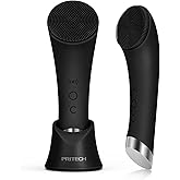 PRITECH Facial Cleansing Brush, Rechargeable Silicone Face Scrubber with Heat Massage End, Vibrating Exfoliator Scrubber for 