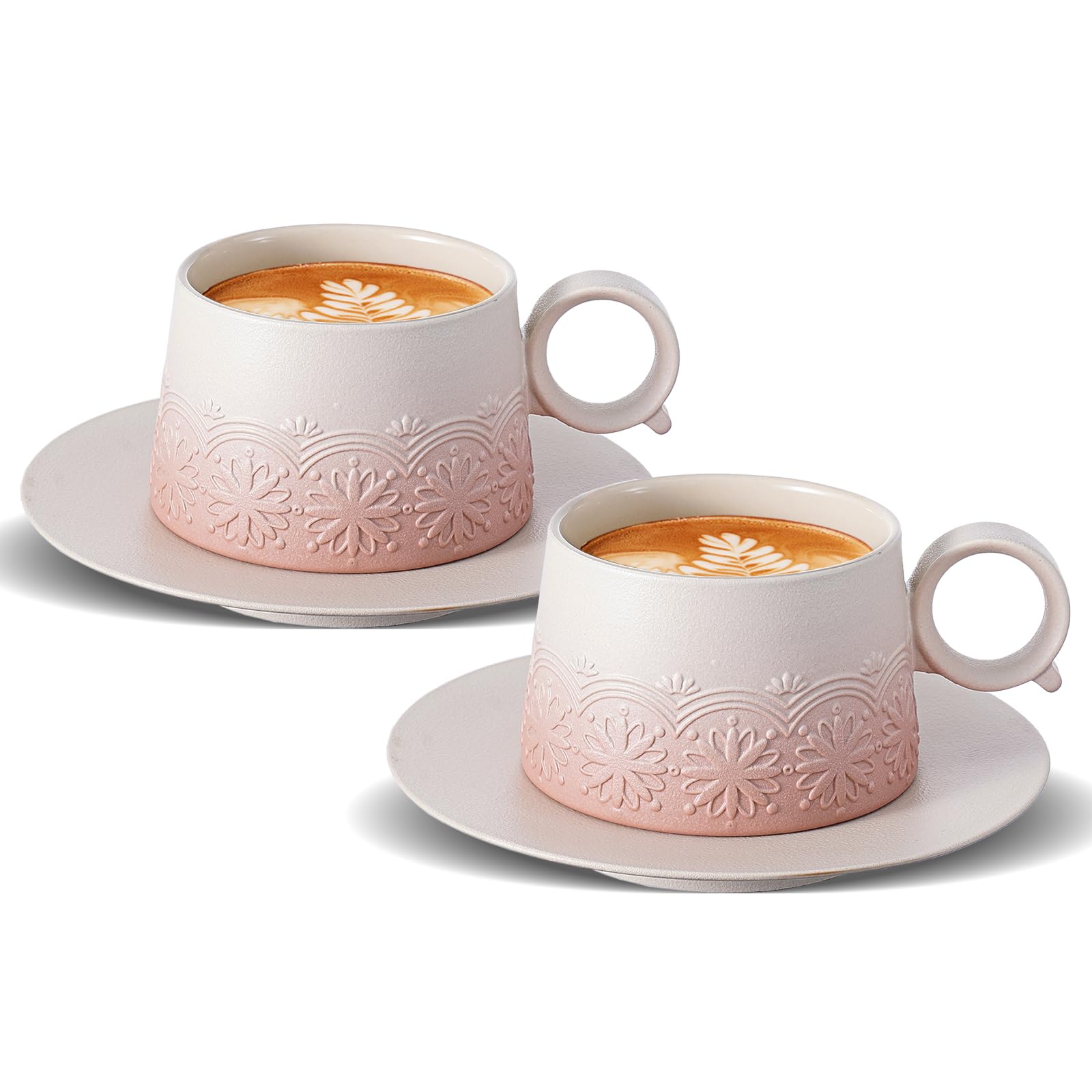 ZENS Cappuccino Cups with Saucers Set of 2, 220 ml Gradient Pale Pink Ceramic Cappuccino Mug for Au Lait, Embossed Artistic Cappuccino Coffee Cups for Latte Art, Cafe Mocha or Tea, Baristas Gifts