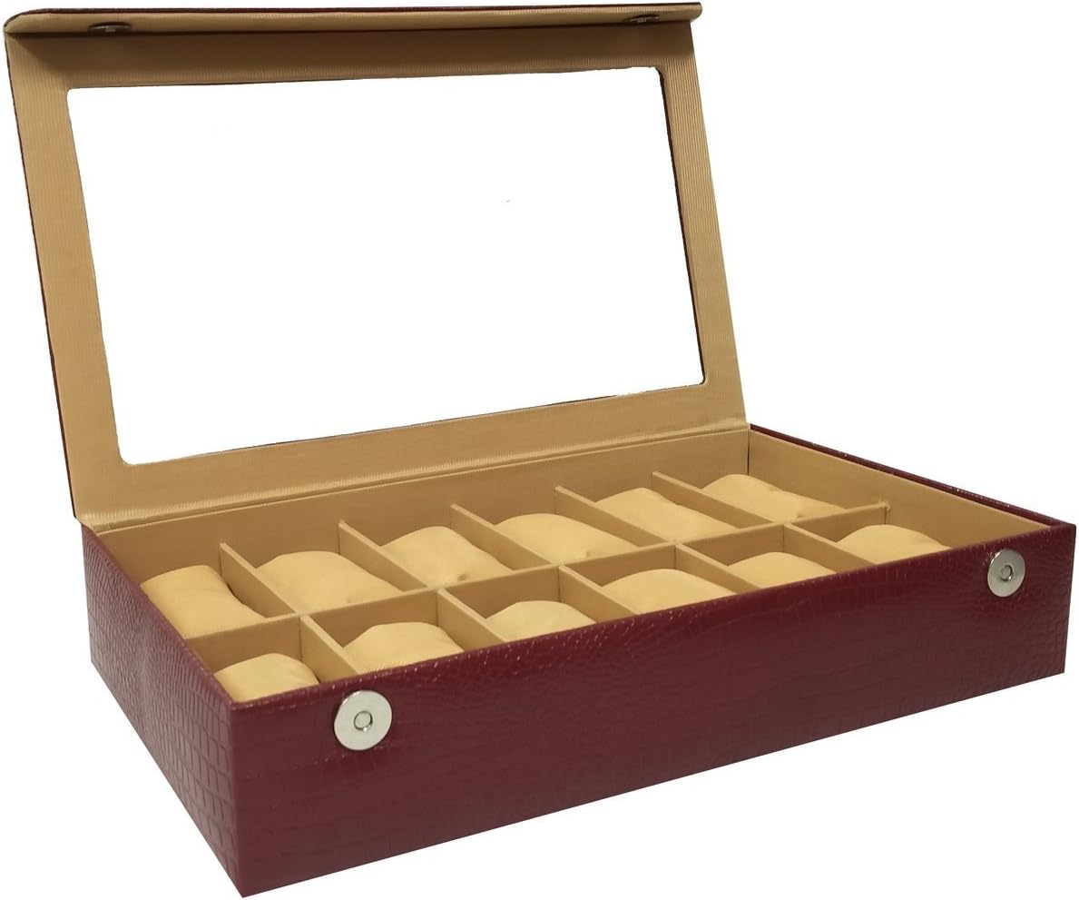 essartPU Leather Watch Box Holder with Transparent Display in 12 Slots of Watches Maroon Color Watch Organizer Watches Storage Case, for Men and Women Birthday Presents