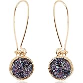 Simulated Druzy Threader Drop Earrings for Women - Gold, Silver, or Rose Gold Tone Trendy Boho Dangles with Sparkly Round Stone