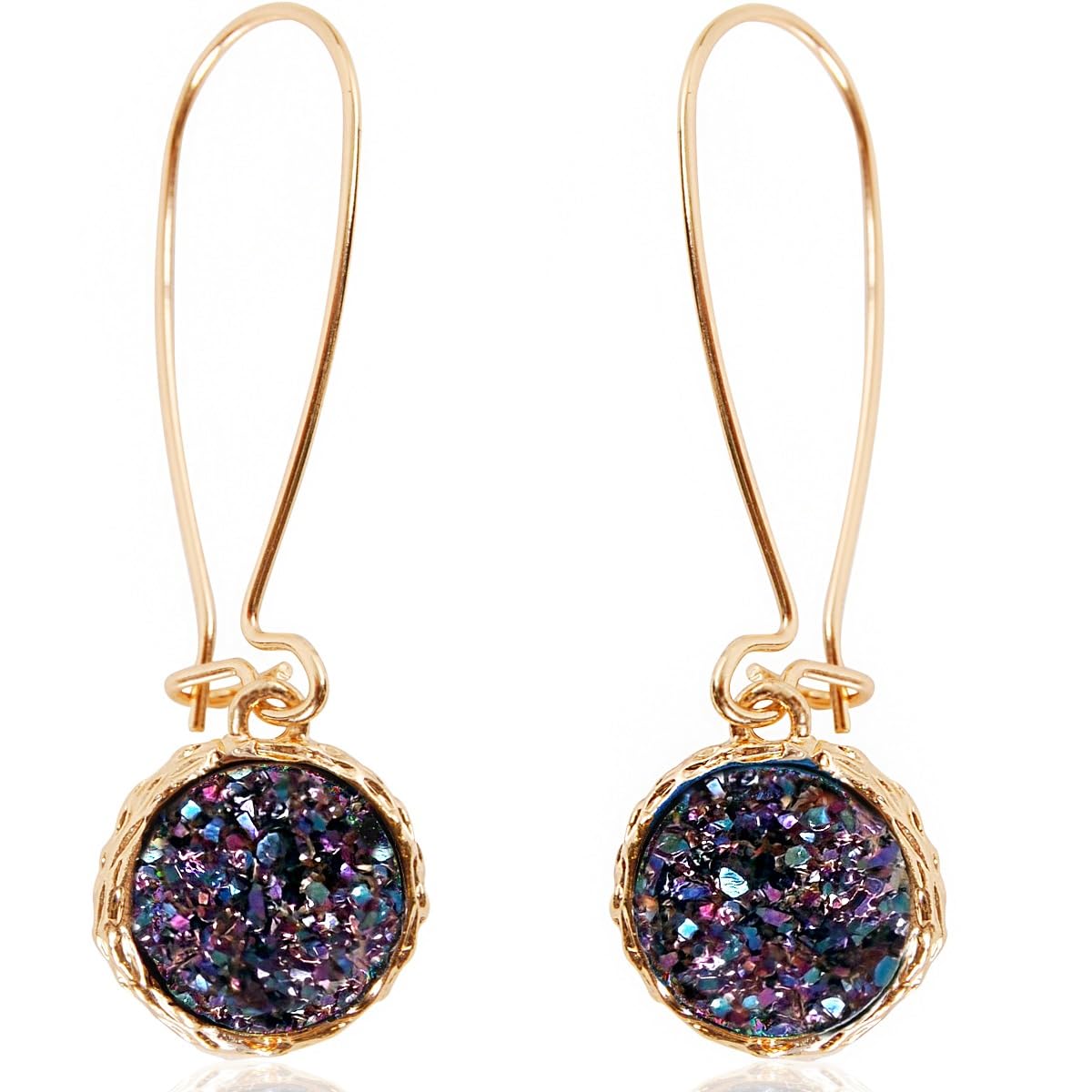 Humble Chic Simulated Druzy Threaders - Upside-Down Long Hoop Dangle Drop Earrings for Women, Iridescent, Dark Blue, Metallic, Gold-Tone — image 1