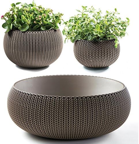 Keter Outdoor Patio Gargen Small Medium And Large Resin 3 Piece Woven Heavy Duty Gardning Planter Bundle Set Brown