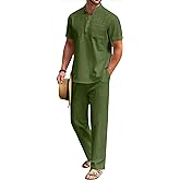 COOFANDY Men's 2 Pieces Cotton Linen Set Casual Short Sleeve Henley Shirts Beach Yoga Pants Summer Outfits