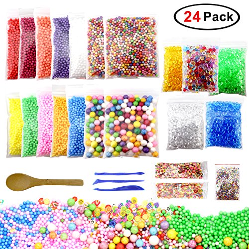 24 Mega Packs Foam Balls 0.1-0.35 Inch (61,000 Pieces) for Homemade Slime Making, Fishbowl Beads, Fruit Slices, Star Confetti, Slime Tools and Bamboo Spoon, Foam Beads Slime Making Kit Art DIY Craft